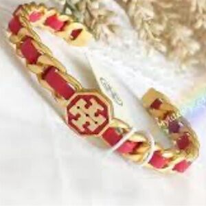 Tory Burch Marion Red Leather woven gold chain cuff bracelet